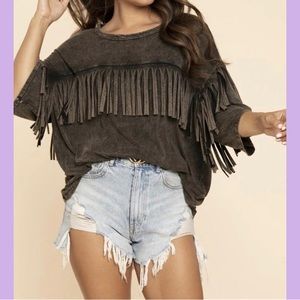 NEW Boutique Mineral Wash Fringe Top